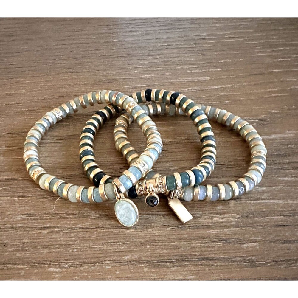 Set of 3 Teal & Gold Tone Beaded Stretch Bracelets Stackable Boho Jewelry
